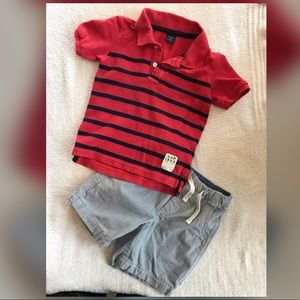 Red Polo with navy & white striped shorts!
